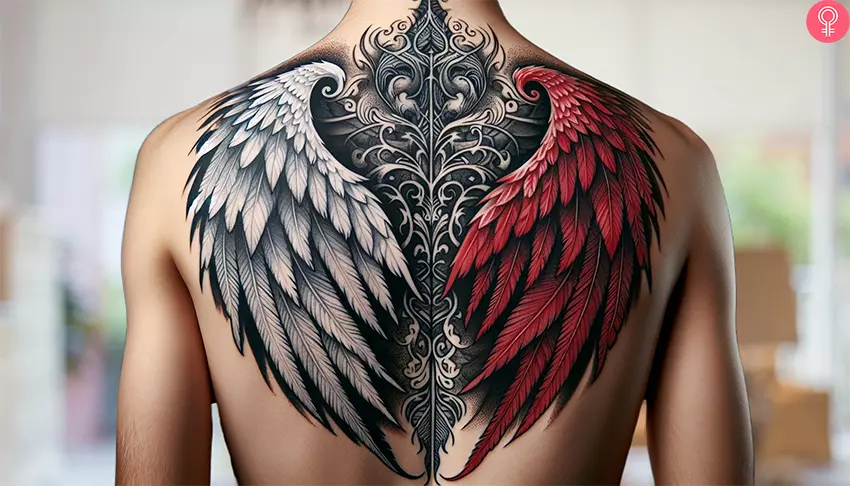 White angel wing and red demon wing tattoo on the back