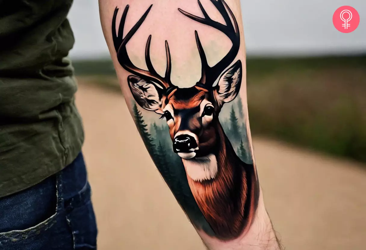 Whitetail deer tattoo against a green background