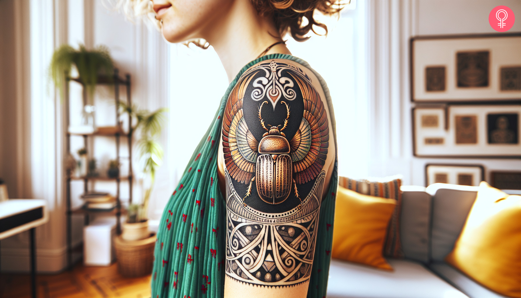 Winged scarab tattoo on the upper arm