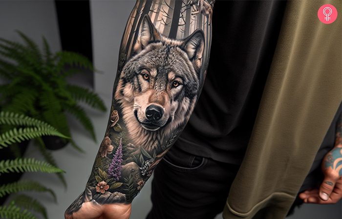 A wolf tattoo on the arm