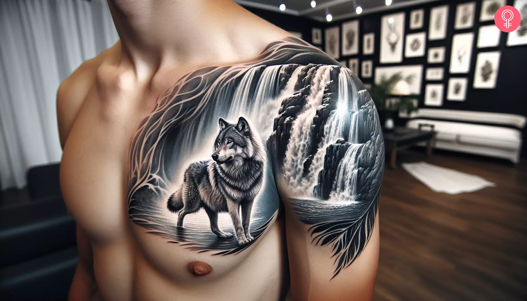 A wolf waterfall tattoo on the shoulder of a man