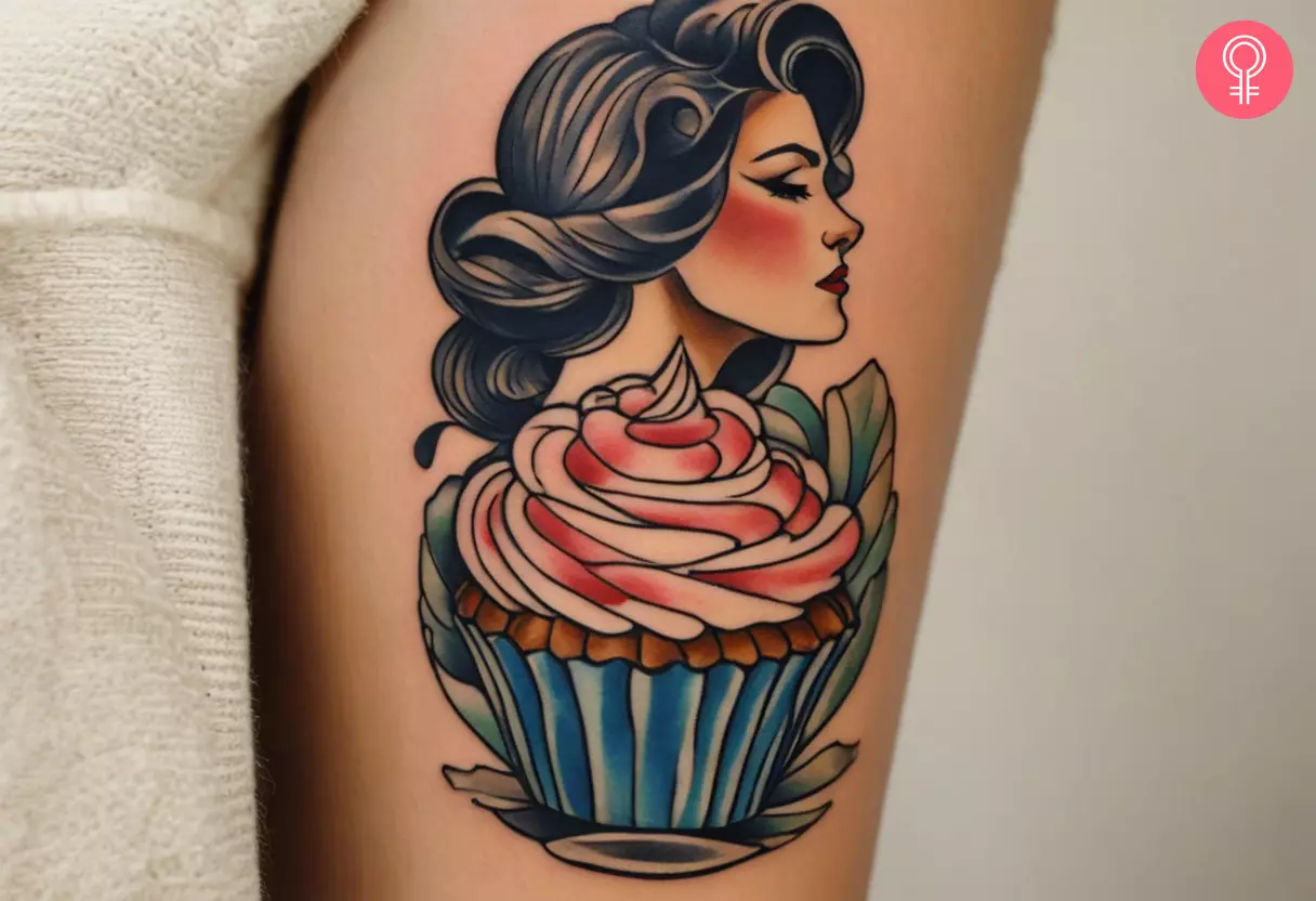 Woman showing her woman cupcake tattoo