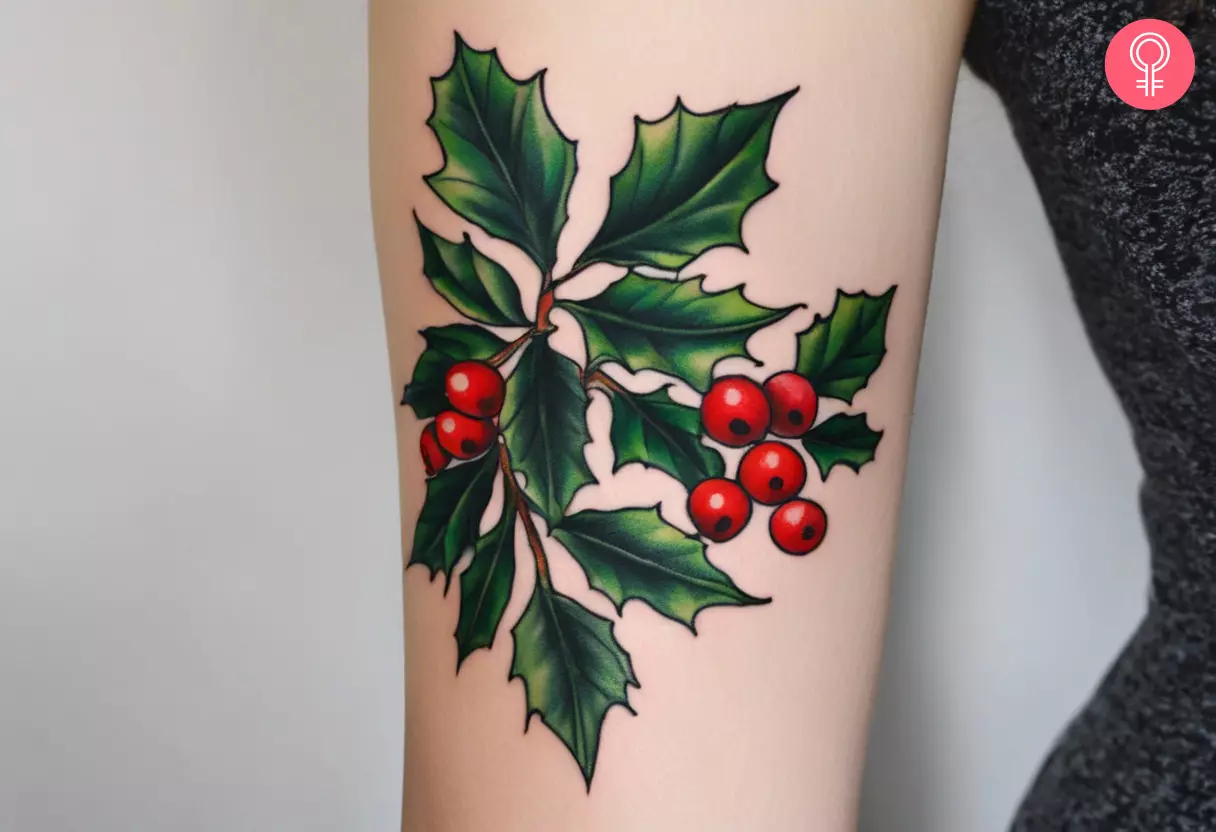 Woman flaunting a holly plant tattoo on the forearm