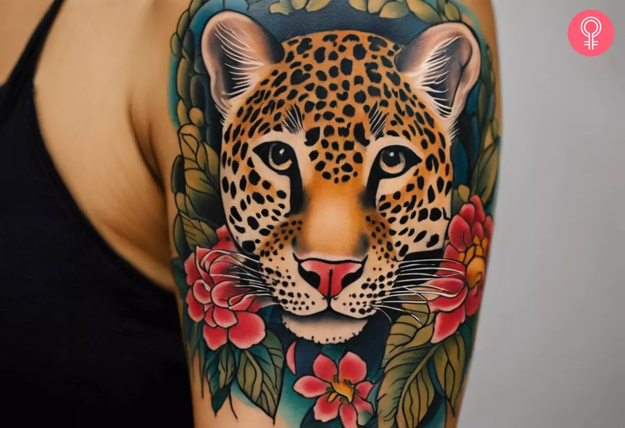 Woman flaunting an American traditional leopard tattoo on her upper arm