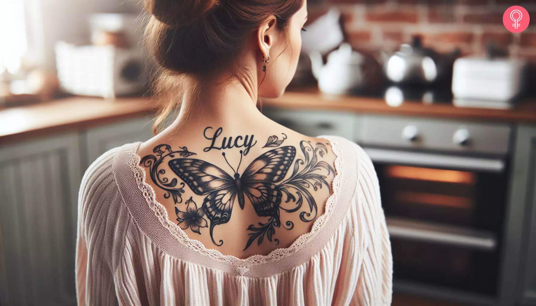 Woman wearing butterfly and lucy name tattoo on her upper back