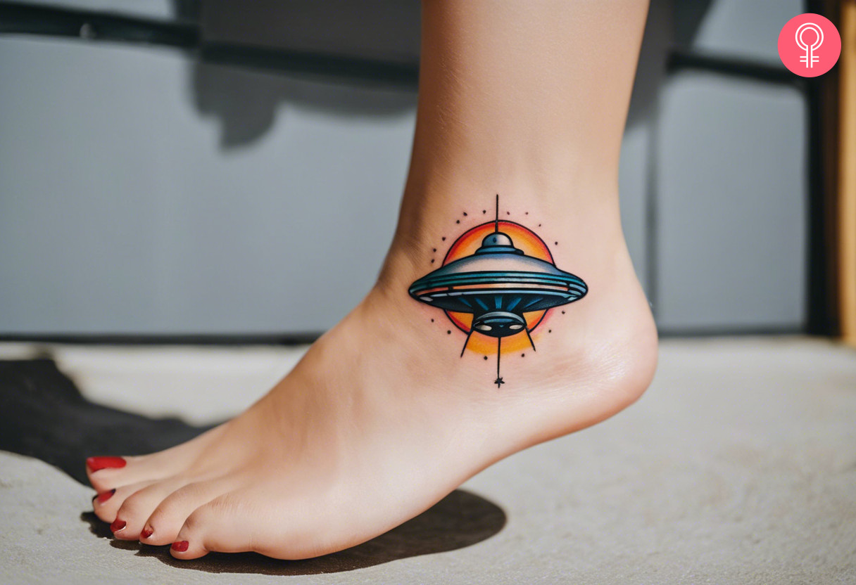Woman with American traditional UFO tattoo on her ankle