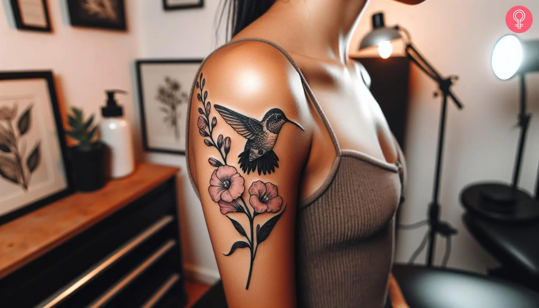 Woman with July birth flower and hummingbird tattoo