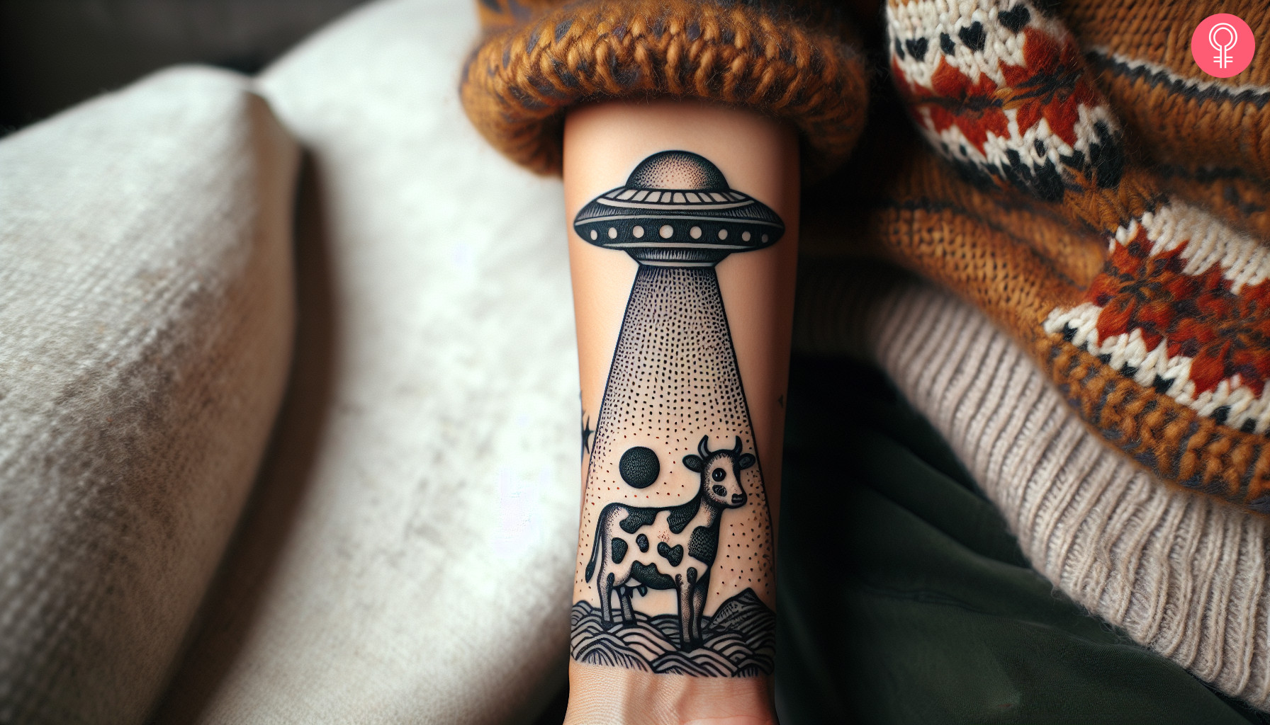 Woman with UFO cow tattoo on her hand