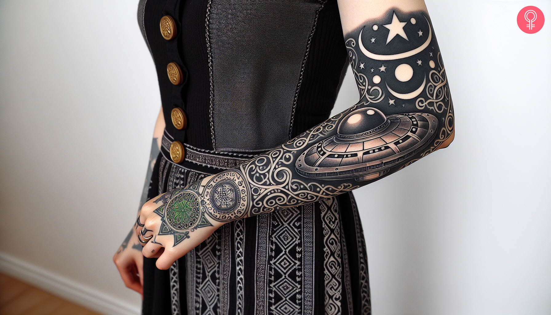 Woman with UFO sleeve tattoo