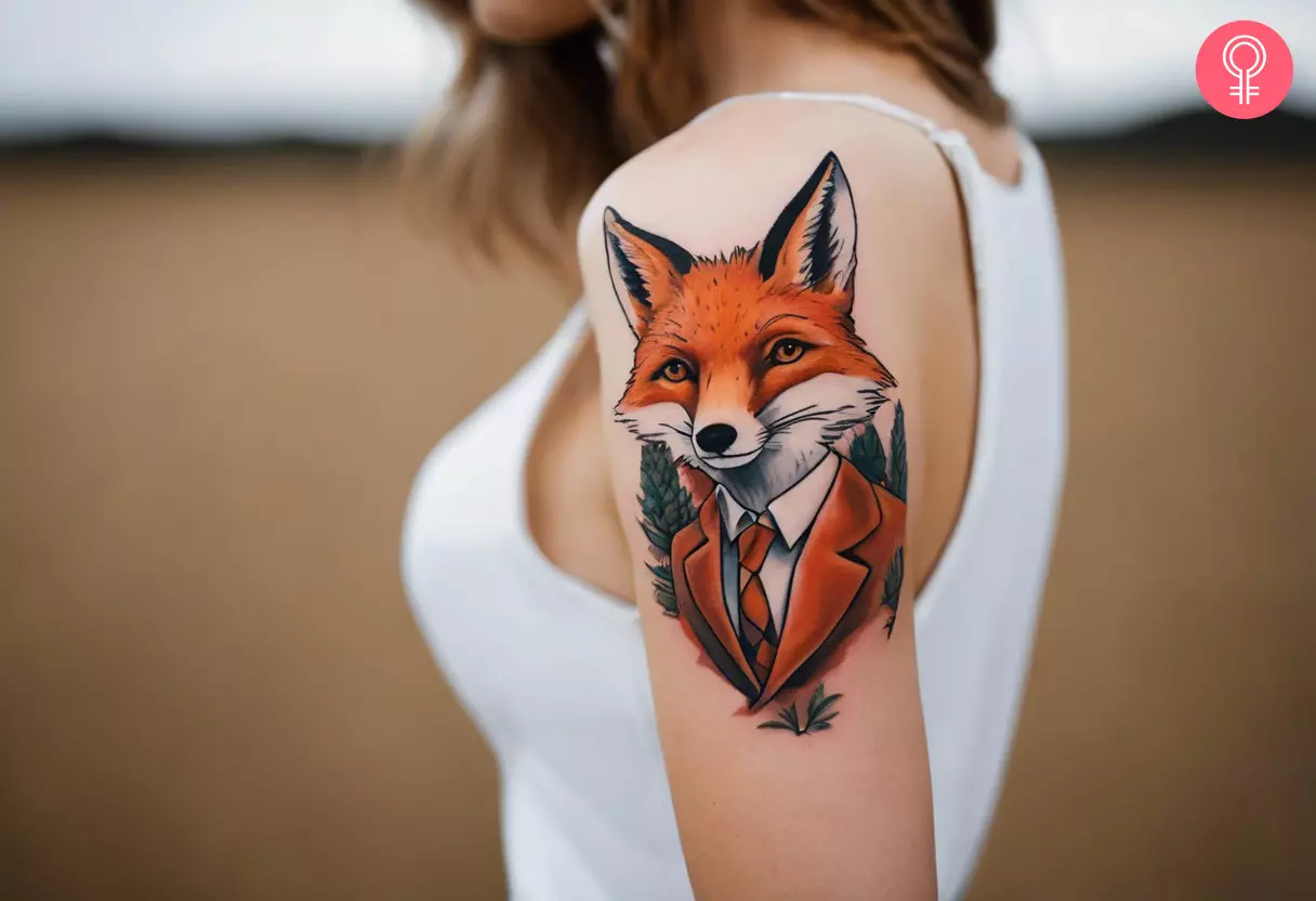 Woman with a Fantastic Mr. Fox tattoo on the upper arm