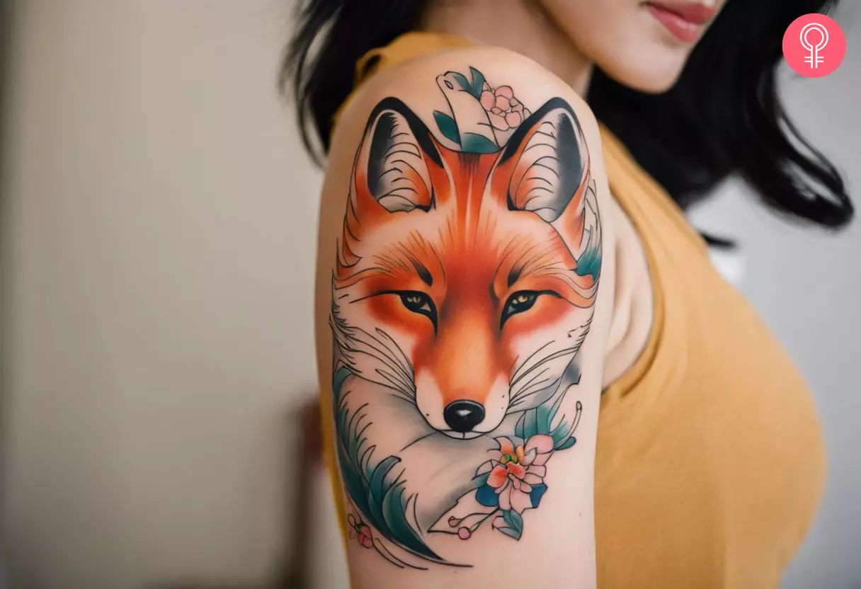 Woman with a Japanese fox tattoo on the upper arm