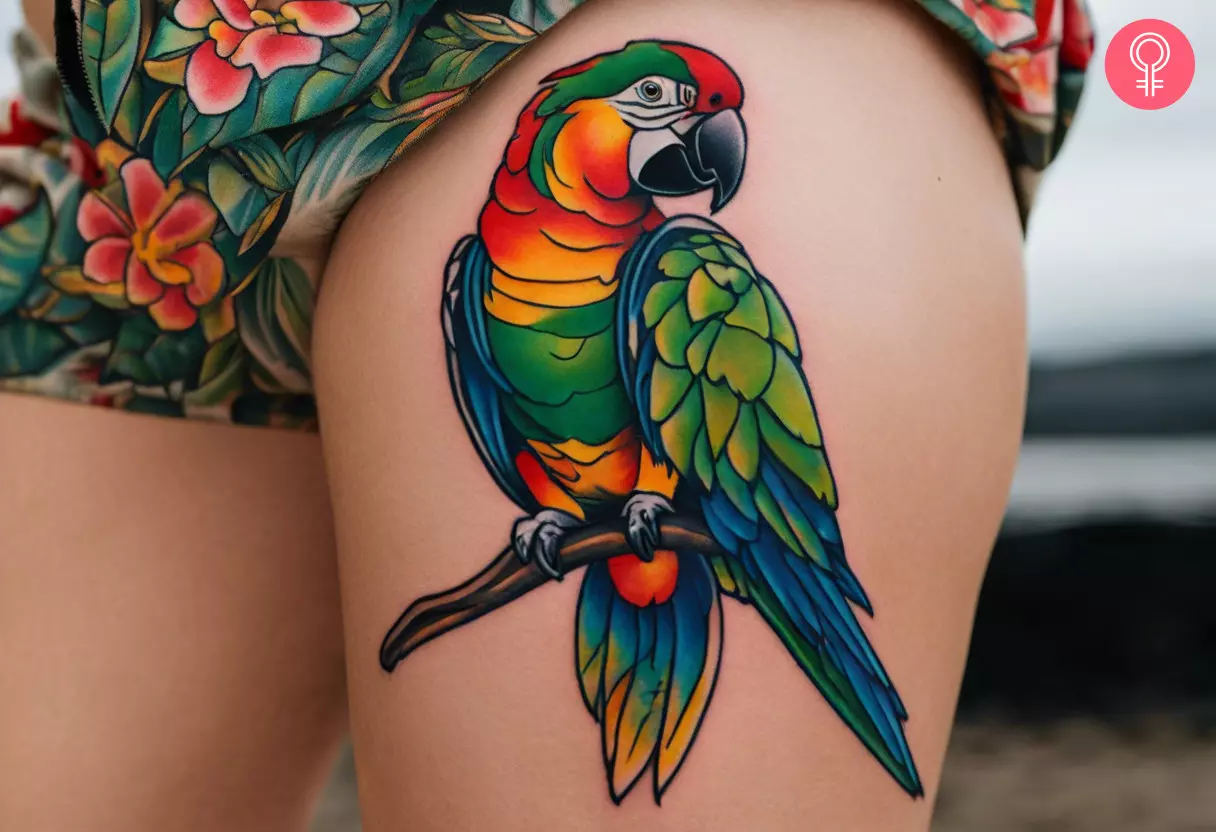 Woman with a Jimmy Buffett parrot tattoo on her thigh