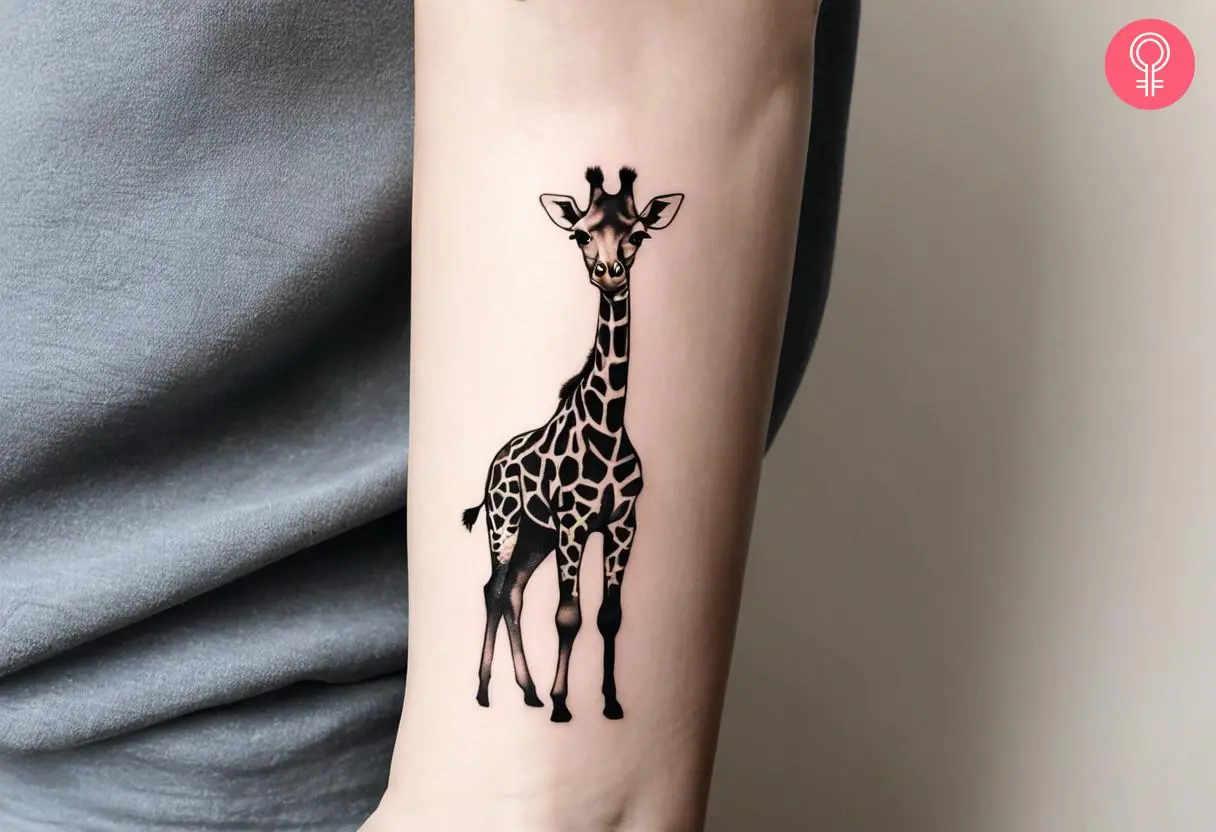 Woman with a baby giraffe tattoo on the arm