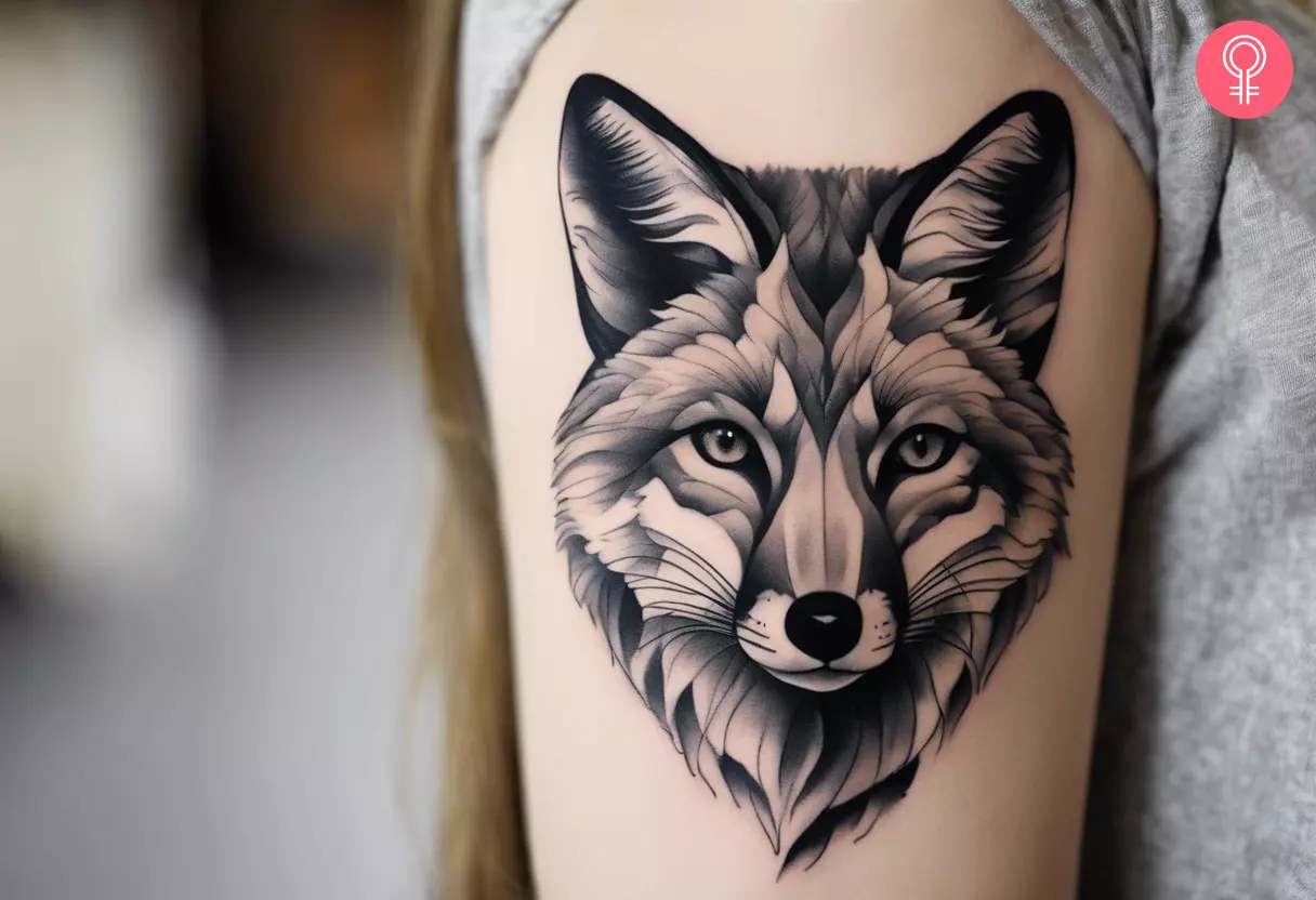 Woman with a black and white fox tattoo on the upper arm