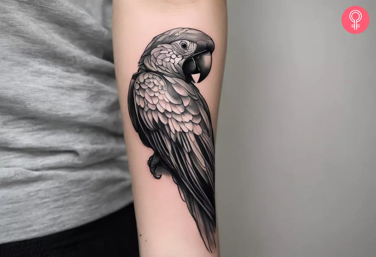 Woman with a black-and-white parrot tattoo on her forearm