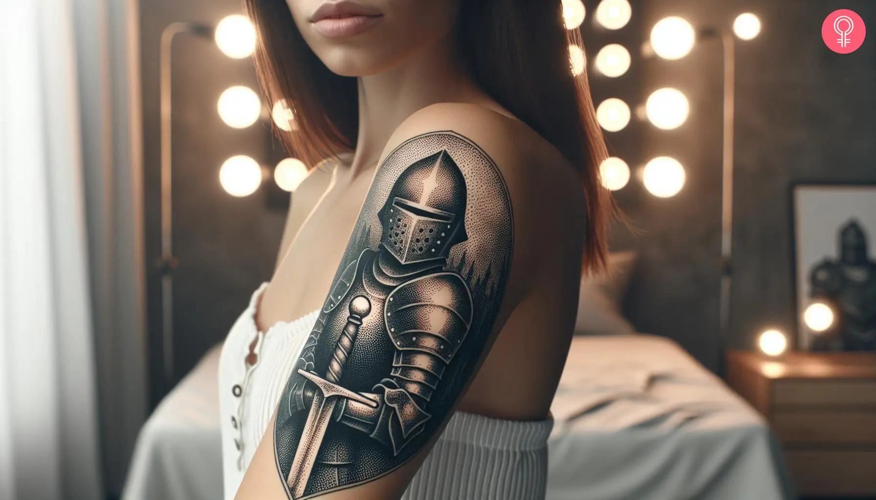 Woman with a dotwork knight tattoo on her outer arm