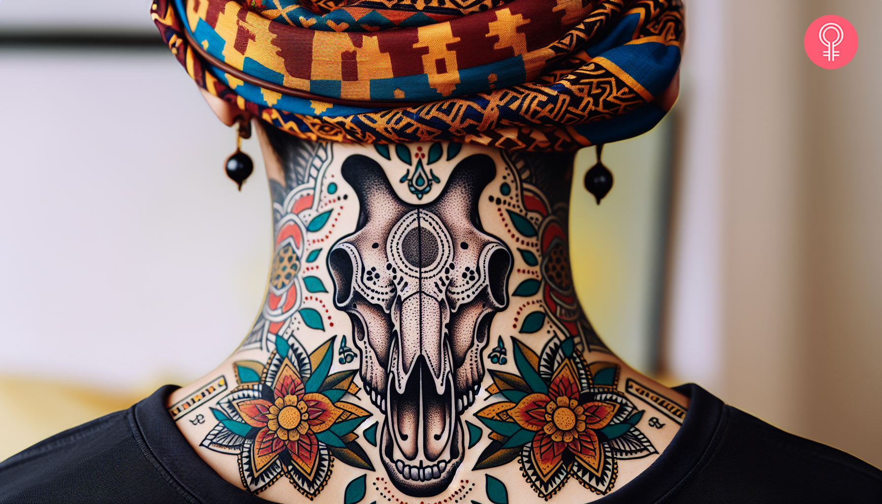 Woman with a giraffe skull tattoo on the nape