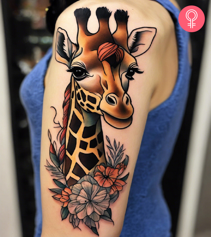 Woman with a giraffe tattoo on her upper arm
