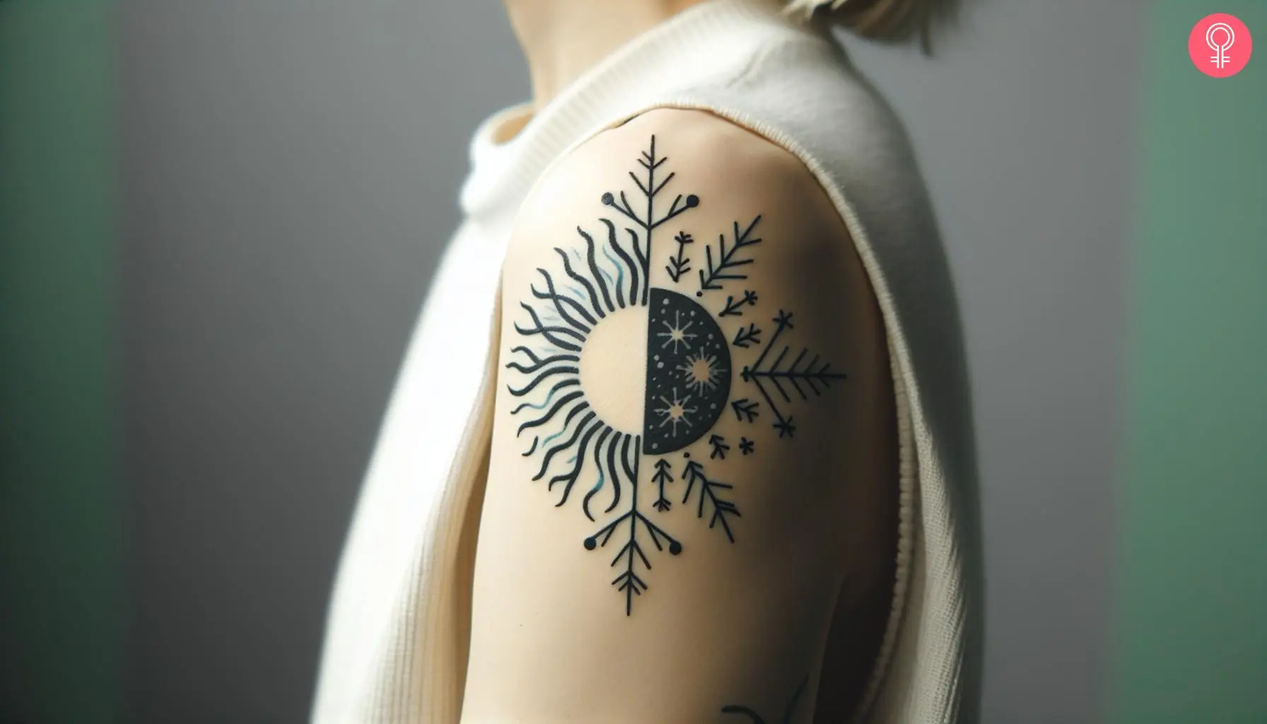 Woman with a half sun half snowflake tattoo