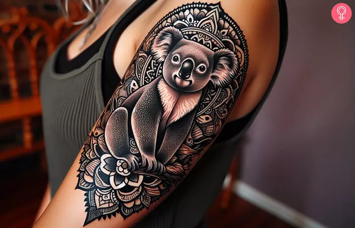 Woman with a koala and a mandala tattoo on her arm