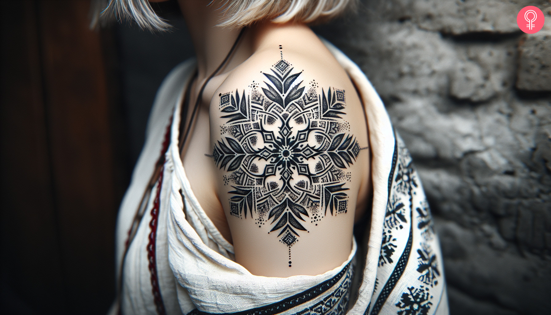 Woman with a negative space snowflake tattoo