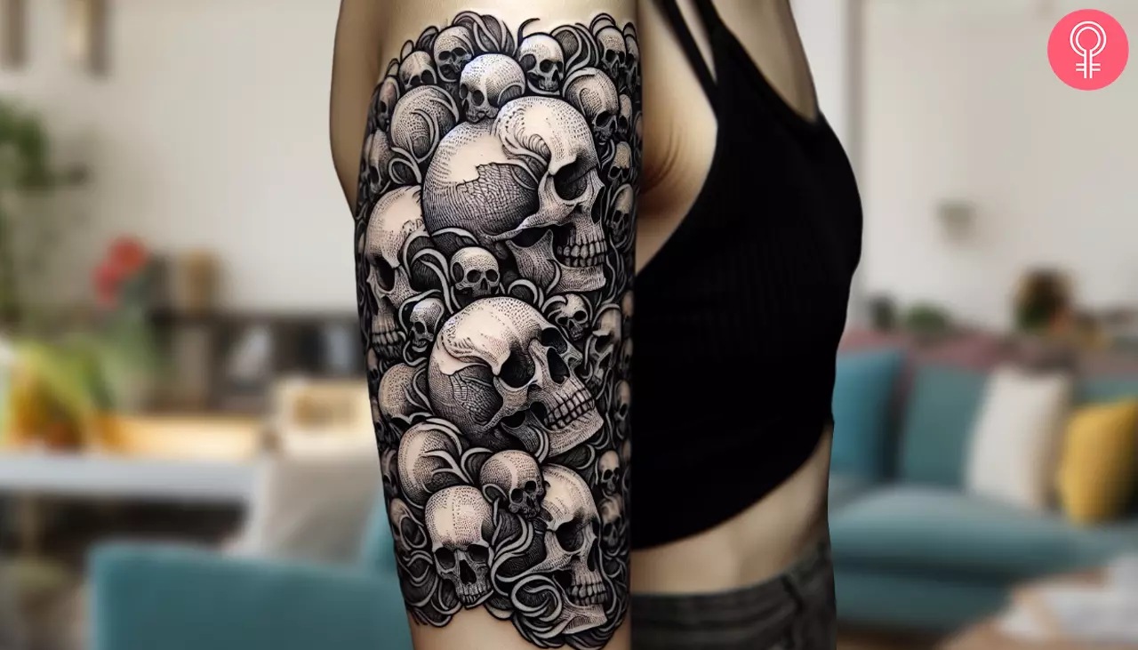 Woman with a pile of skulls tattoo on the arm