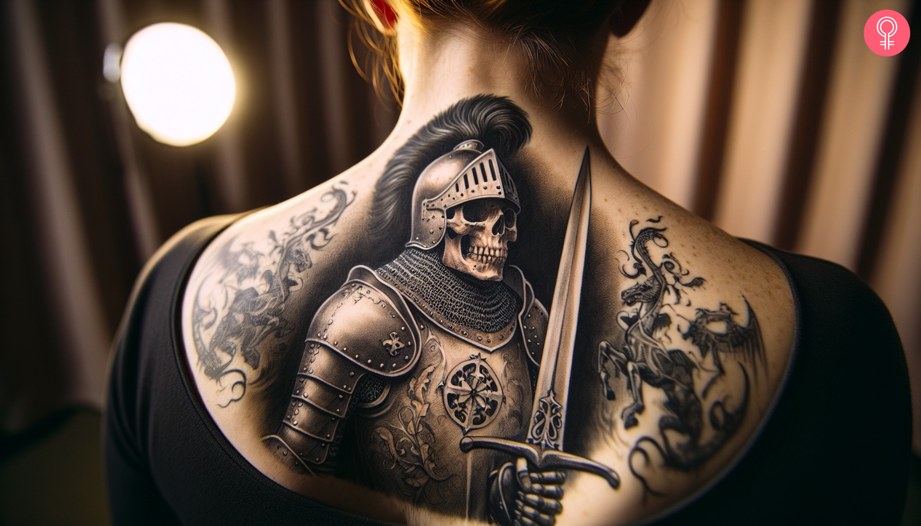 Woman with a skeleton knight tattoo on her upper back