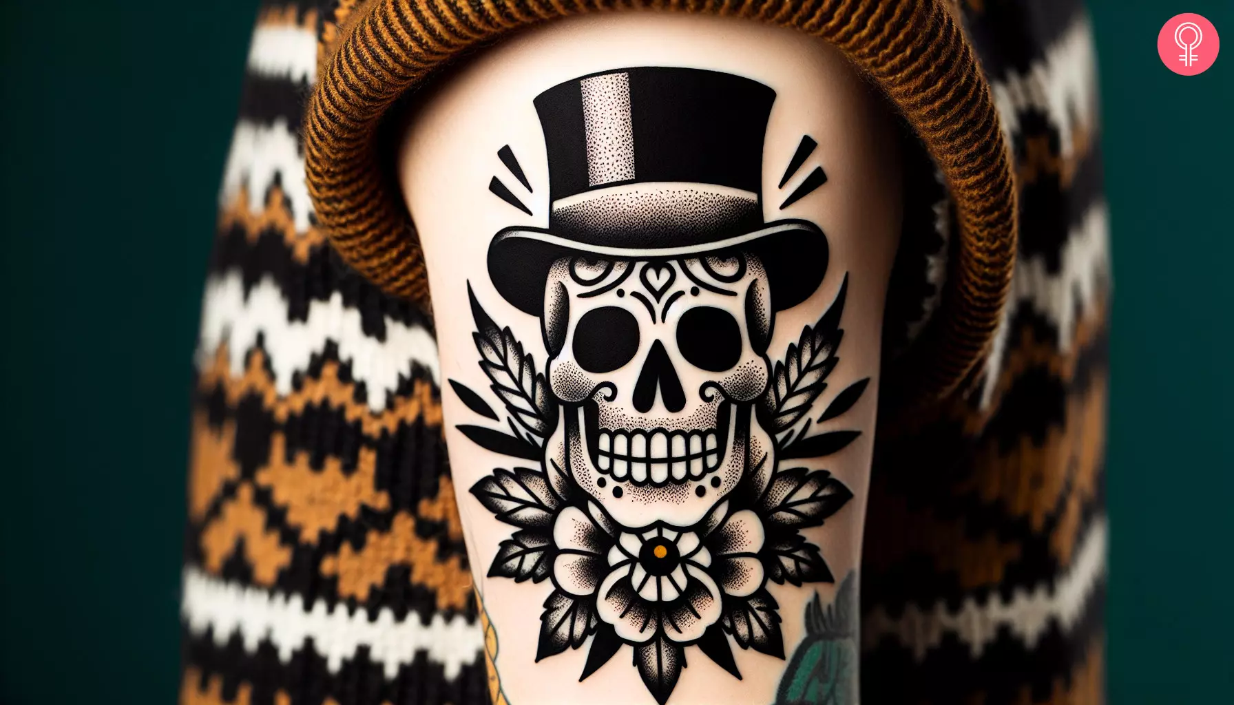 Woman with a skull and top hat tattoo on her outer arm