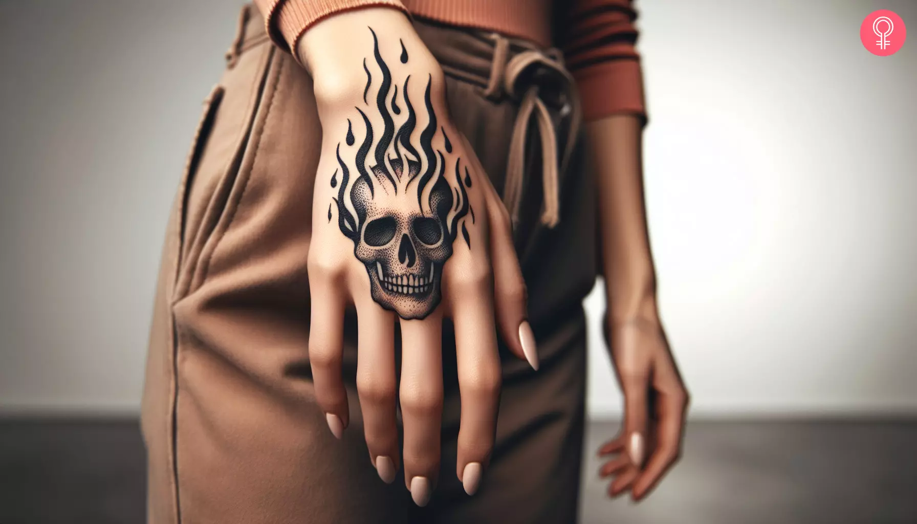 Woman with a skull with flames tattoo on her hand