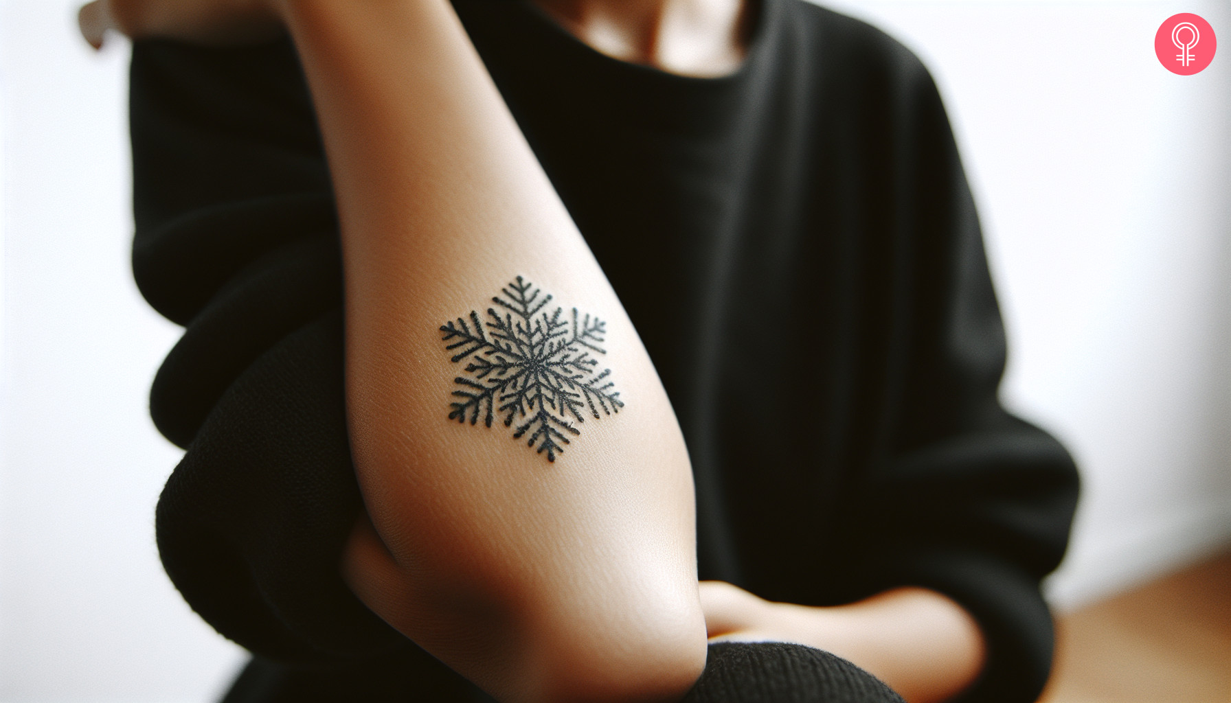 Woman with a snowflake elbow tattoo