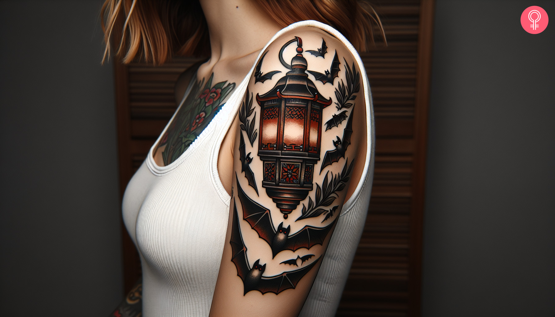 Woman with a traditional Gothic tattoo featuring an oil lamp