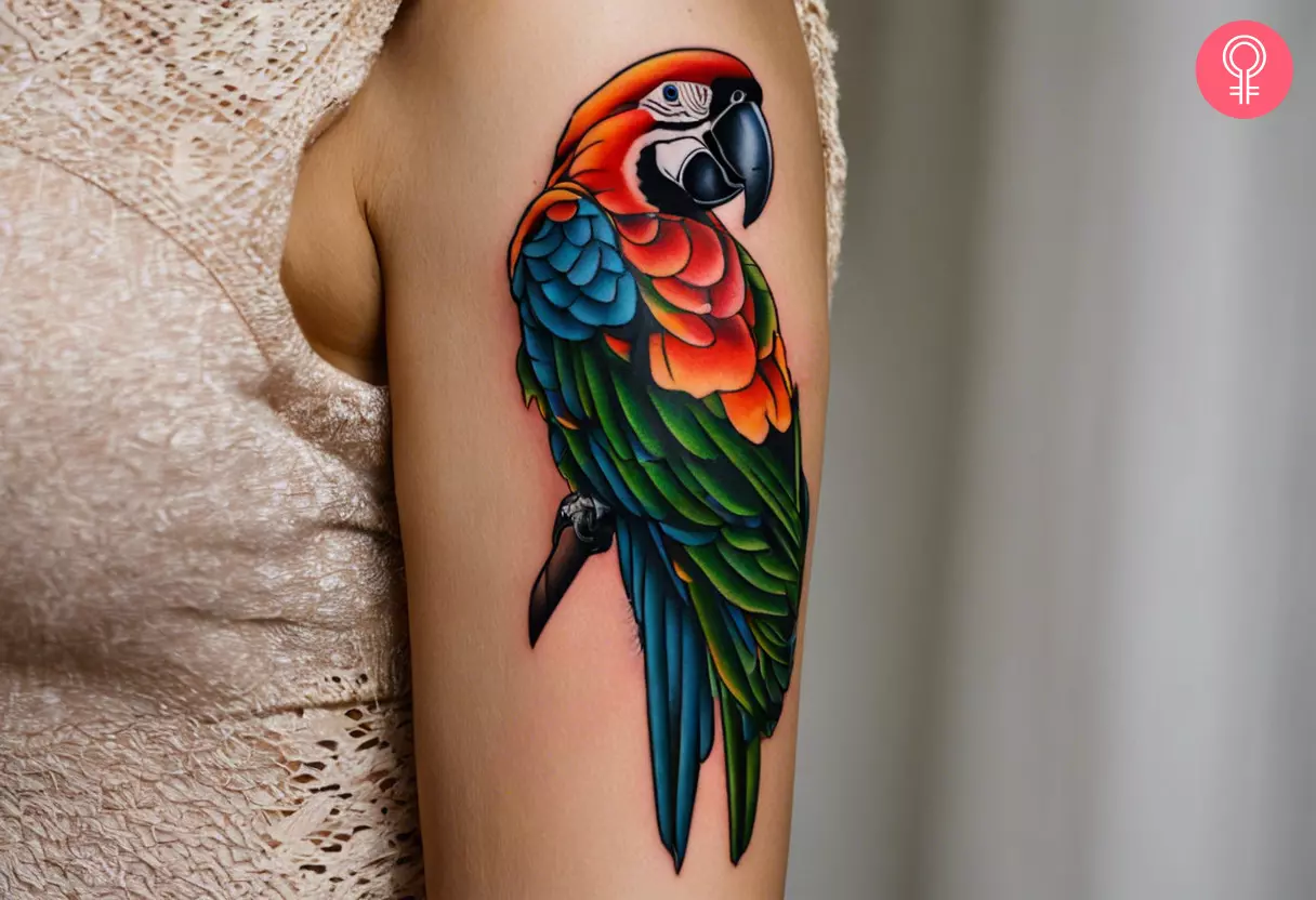 Woman with a traditional parrot tattoo on her arm