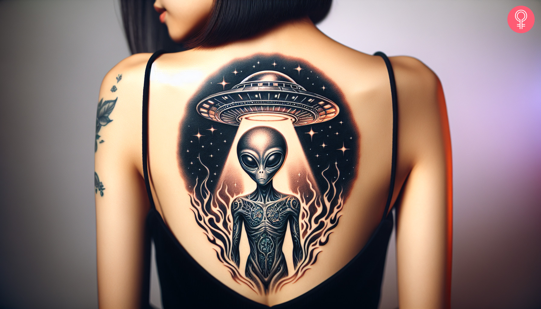 Woman with alien UFO tattoo on her upper back