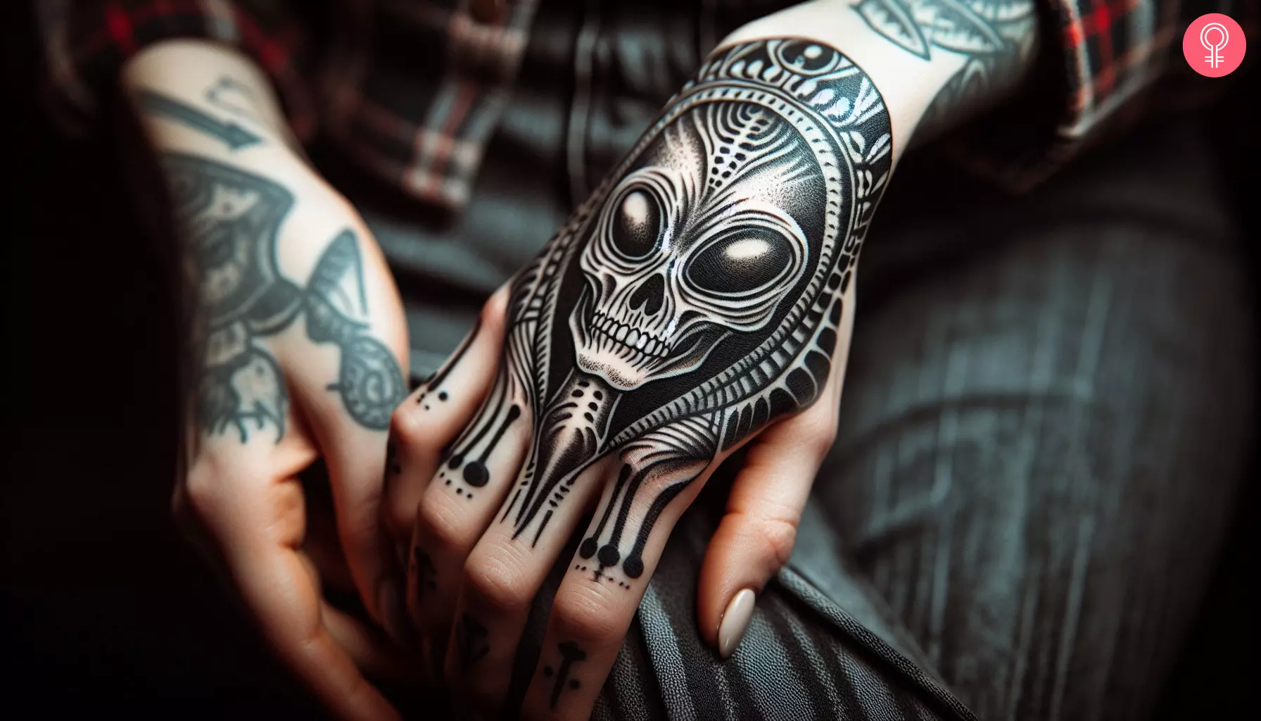 Woman with alien skull tattoo on her hand