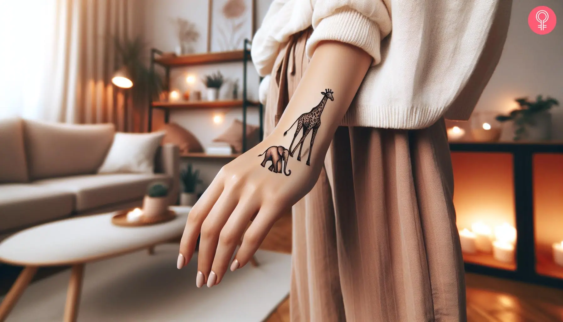 Woman with an elephant and giraffe tattoo on her hand