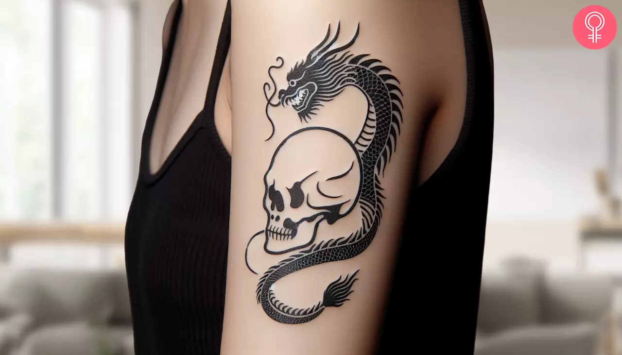 Woman with atypical skull tattoo on her upper arm