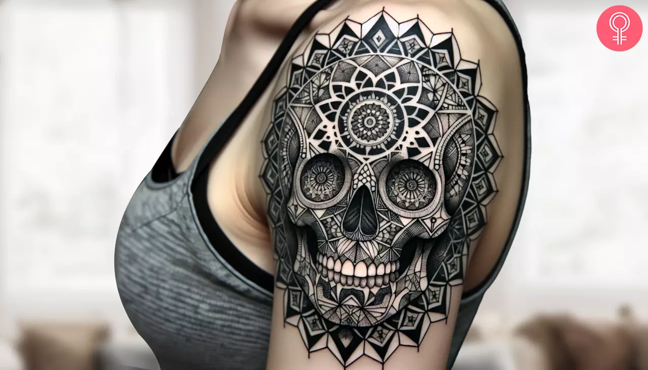 Woman with balanced skull tattoo on her upper arm