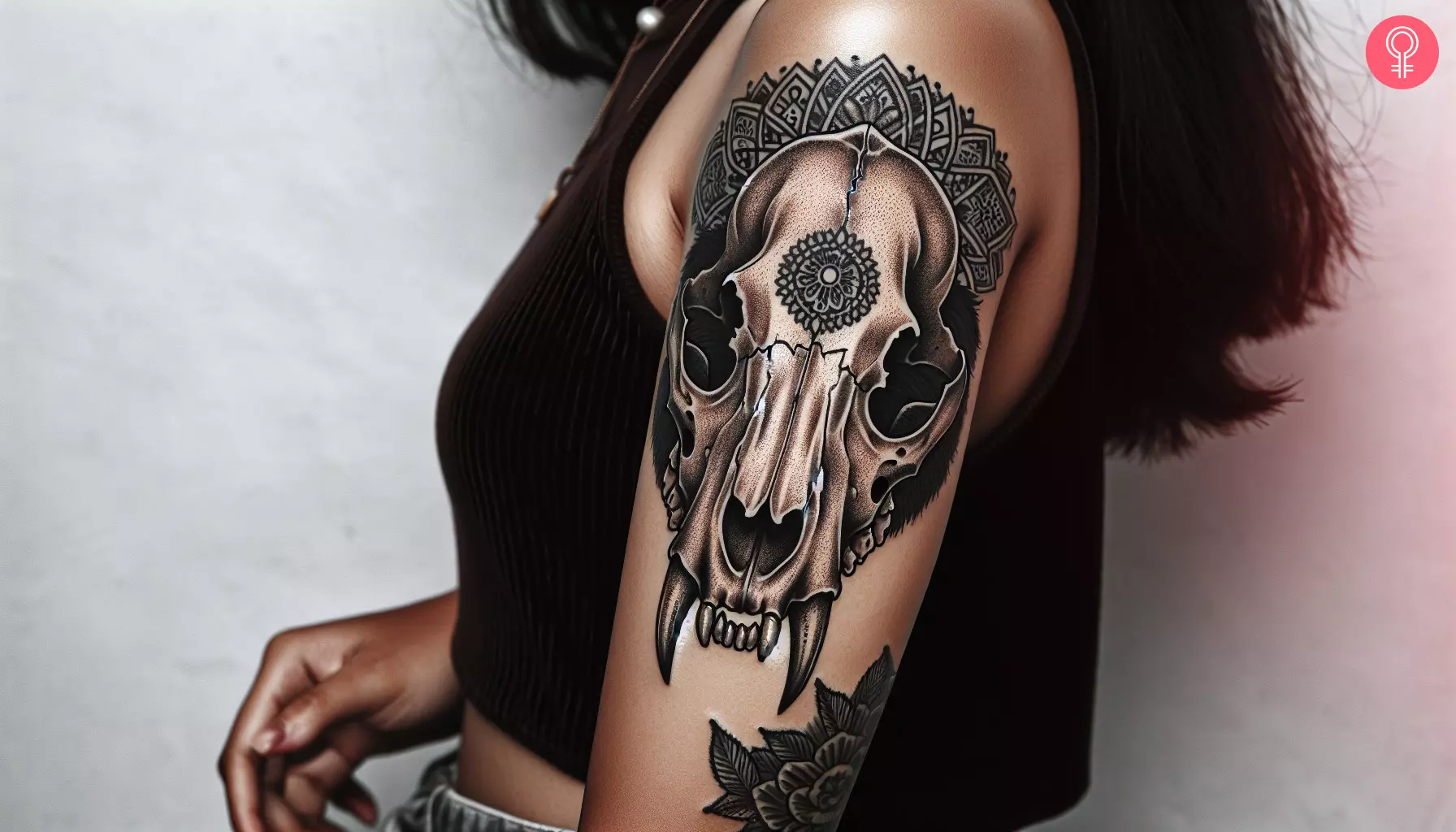 Woman with bear skull tattoo on her upper arm