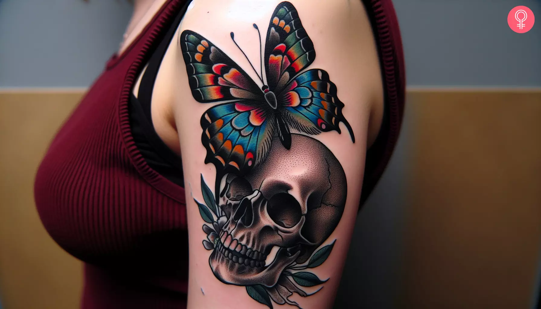 Woman with butterfly and skull tattoo on her arm