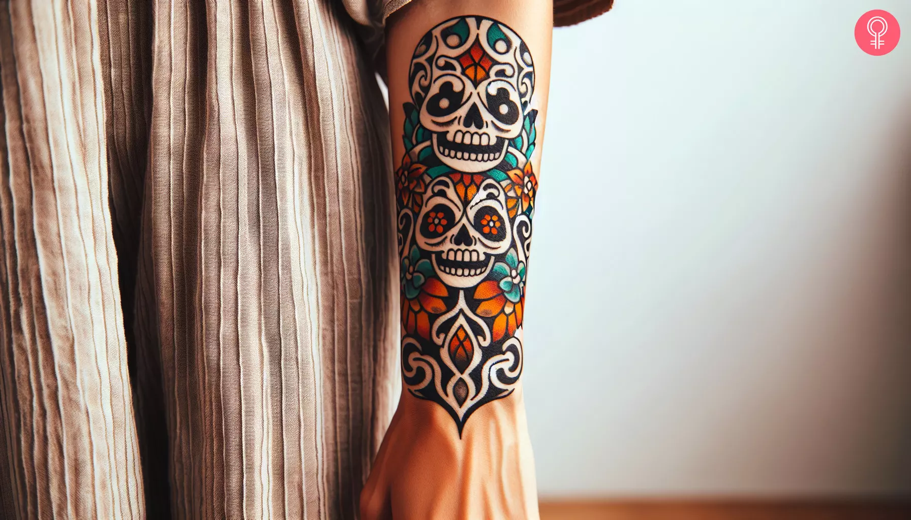 Woman with cartoon skulls tattoo on her forearm