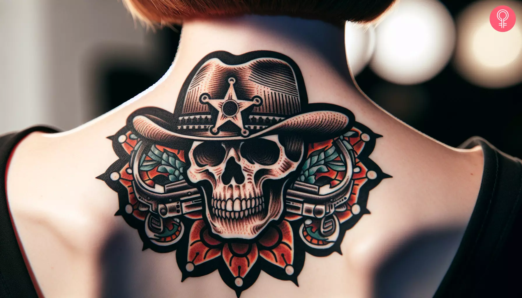 Woman with cowboy skull tattoo on her upper back