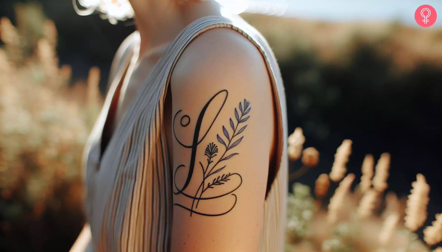 Woman with cursive l tattoo on her upper arm