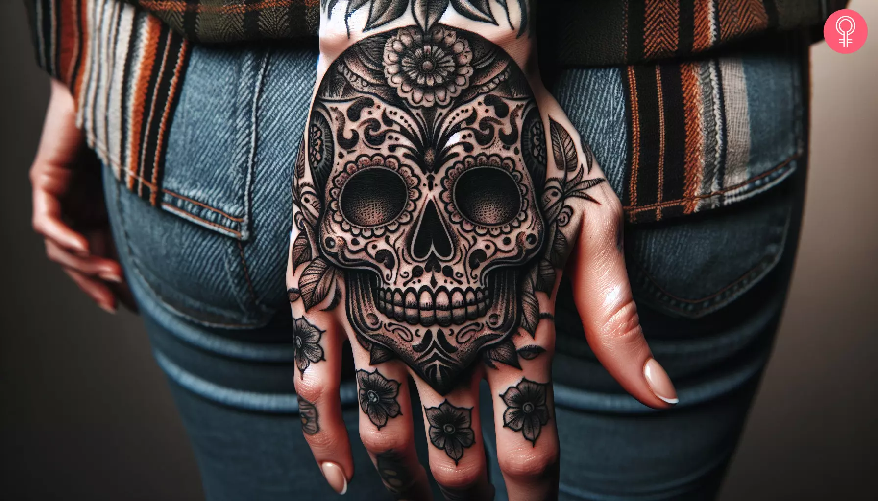 Woman with day of the dead skull tattoo on her hand