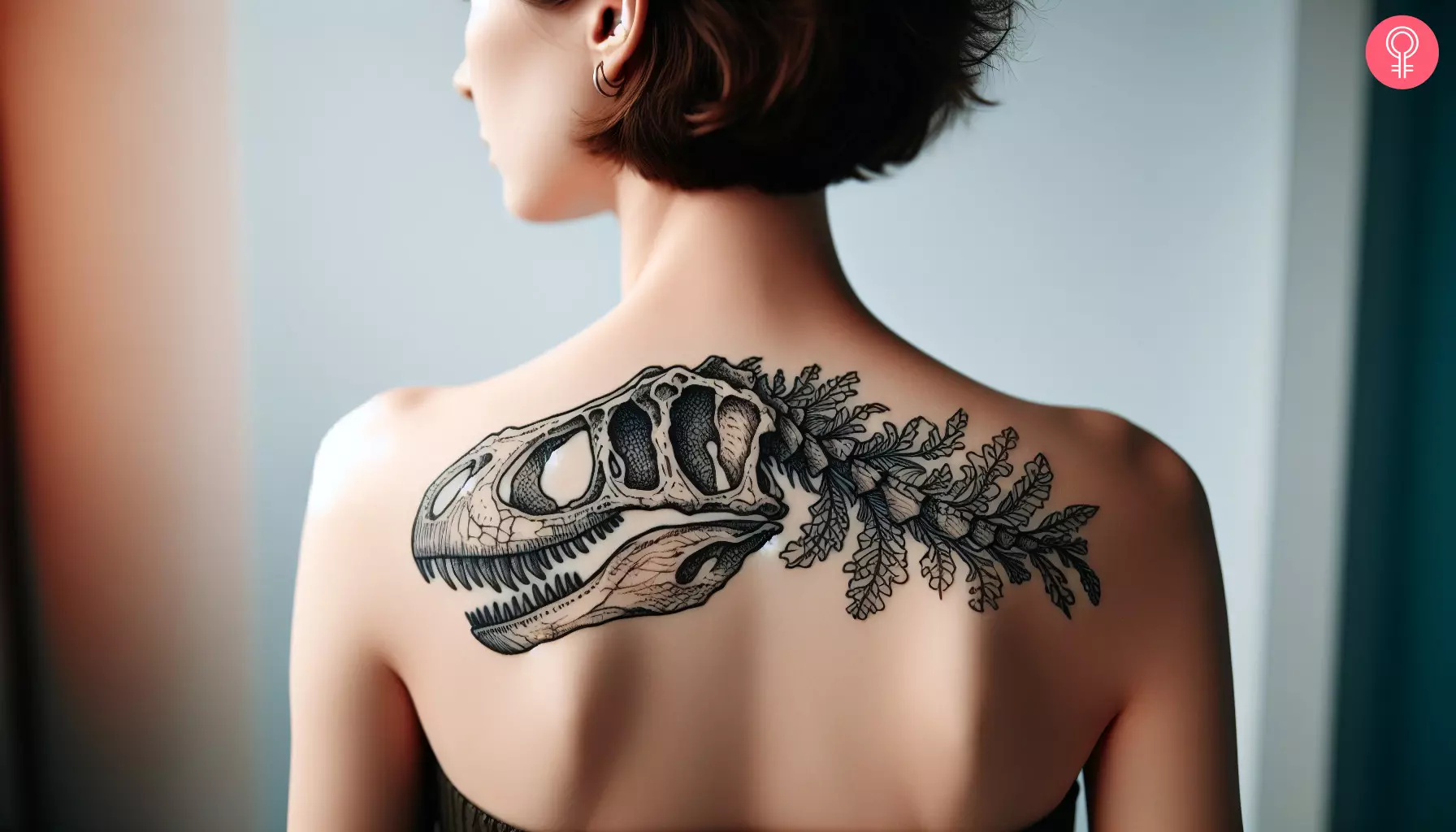 Woman with dinosaur skull tattoo on her upper back