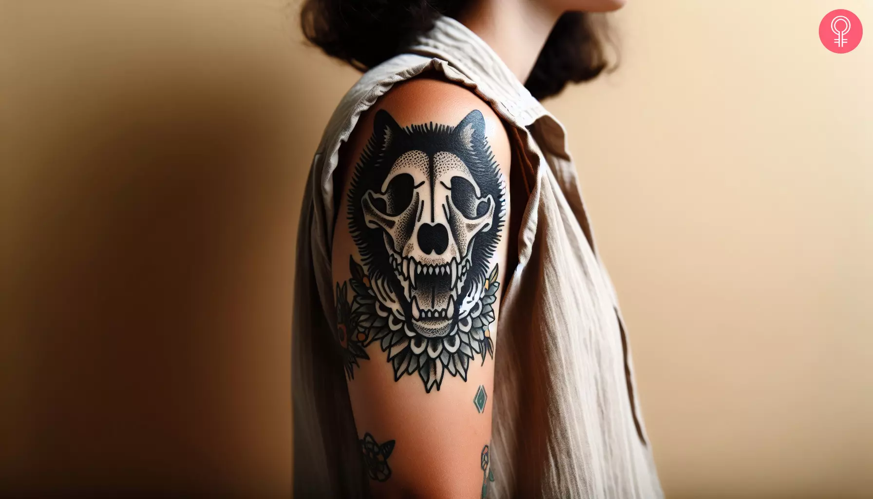 Woman with dog skull tattoo on her upper arm