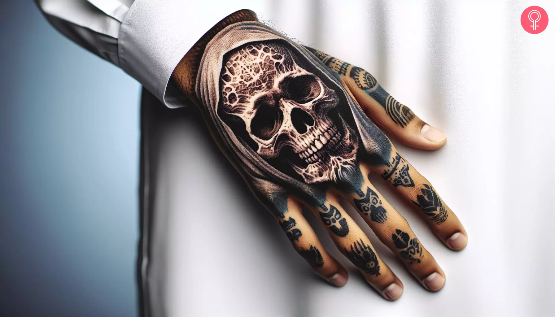 Woman with eerie skull tattoo on her hand