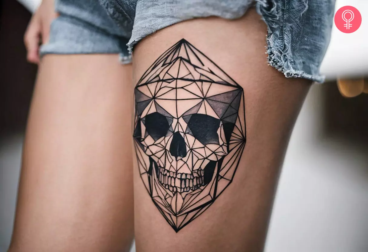 Woman with geometric skull tattoo on her thigh