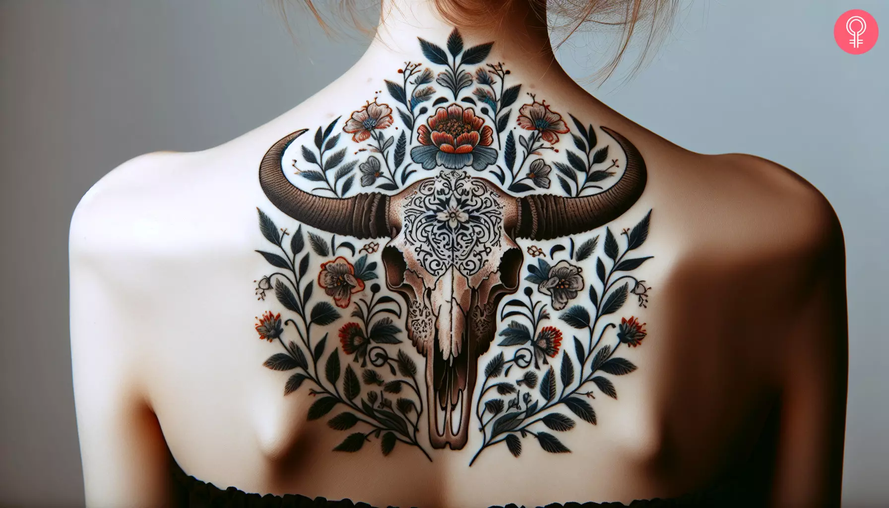 Woman with girly cow skull tattoo on the upper back