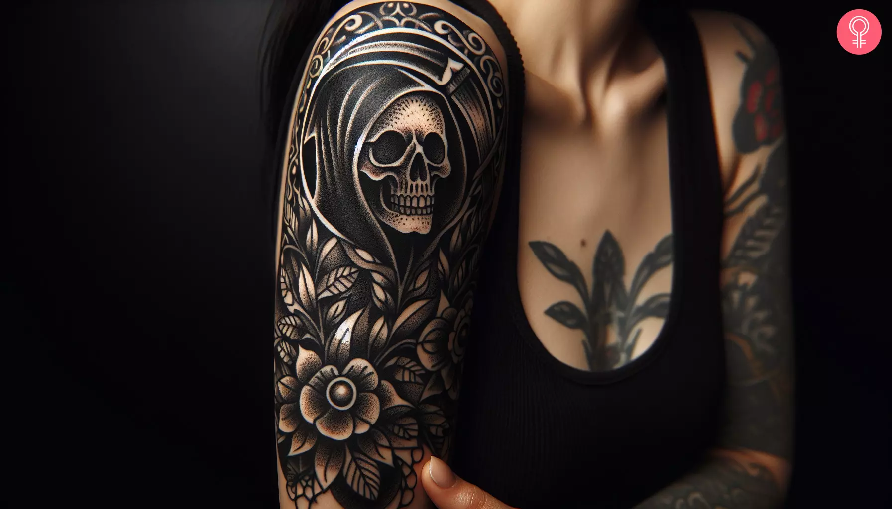 Woman with grim reaper skull tattoo on the sleeve
