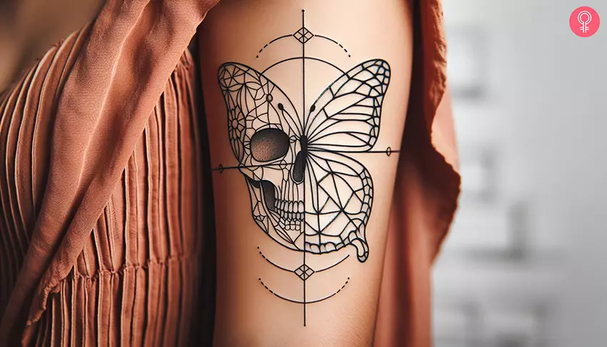 Woman with half skull half butterfly tattoo on her arm